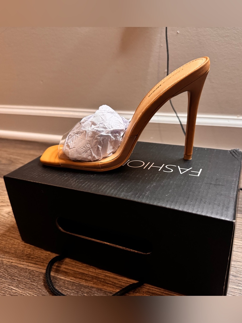 Fashion Nova Tan Clear Strap Stiletto Mule